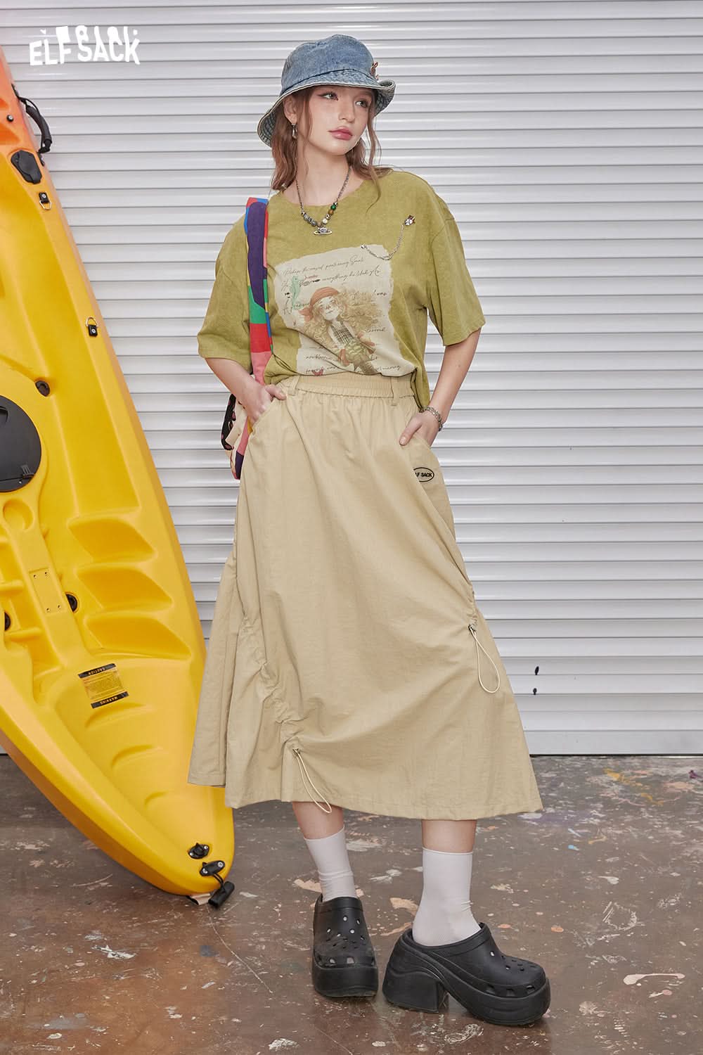 ELFSACK High waisted A-line skirt with irregular drawstring design, long skirt