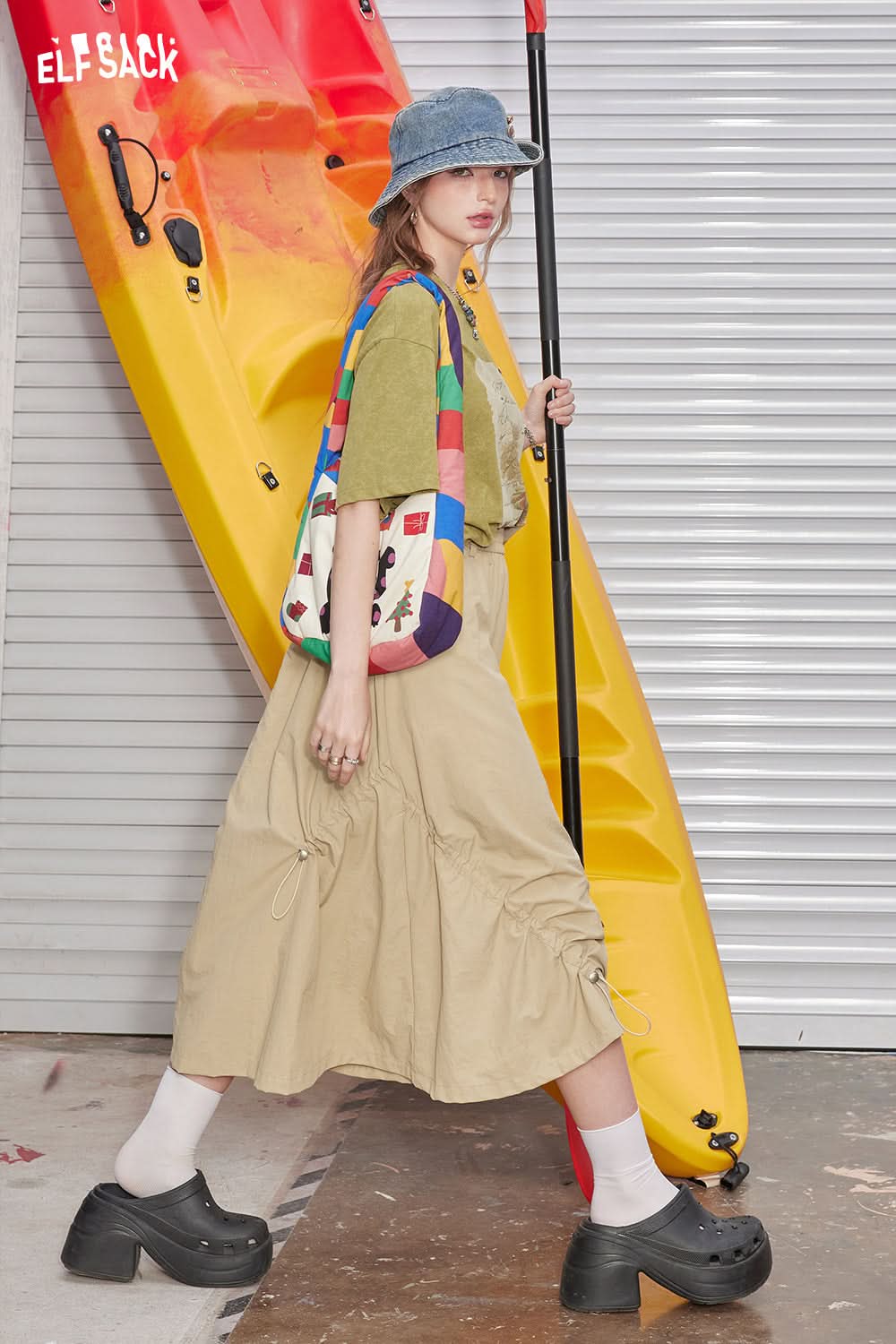 ELFSACK High waisted A-line skirt with irregular drawstring design, long skirt