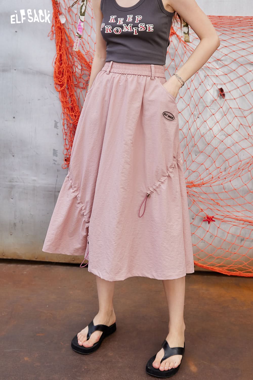 ELFSACK High waisted A-line skirt with irregular drawstring design, long skirt