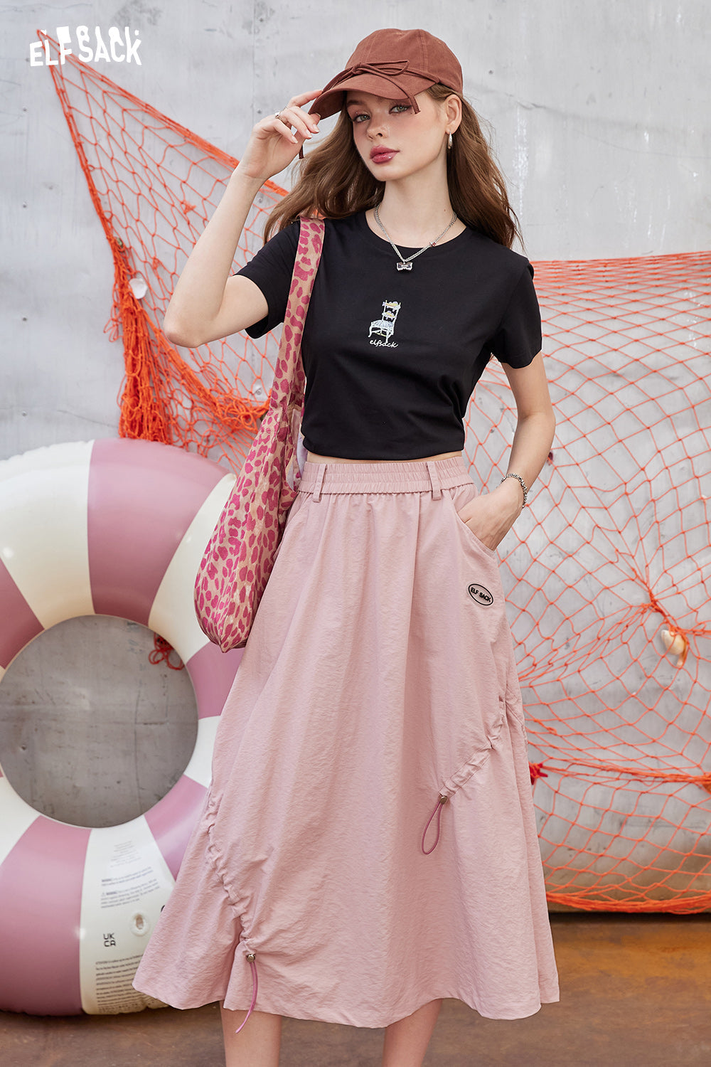 ELFSACK 2024 Summer New Arrivals High waisted A-line skirt with irregular drawstring design for women, long skirt