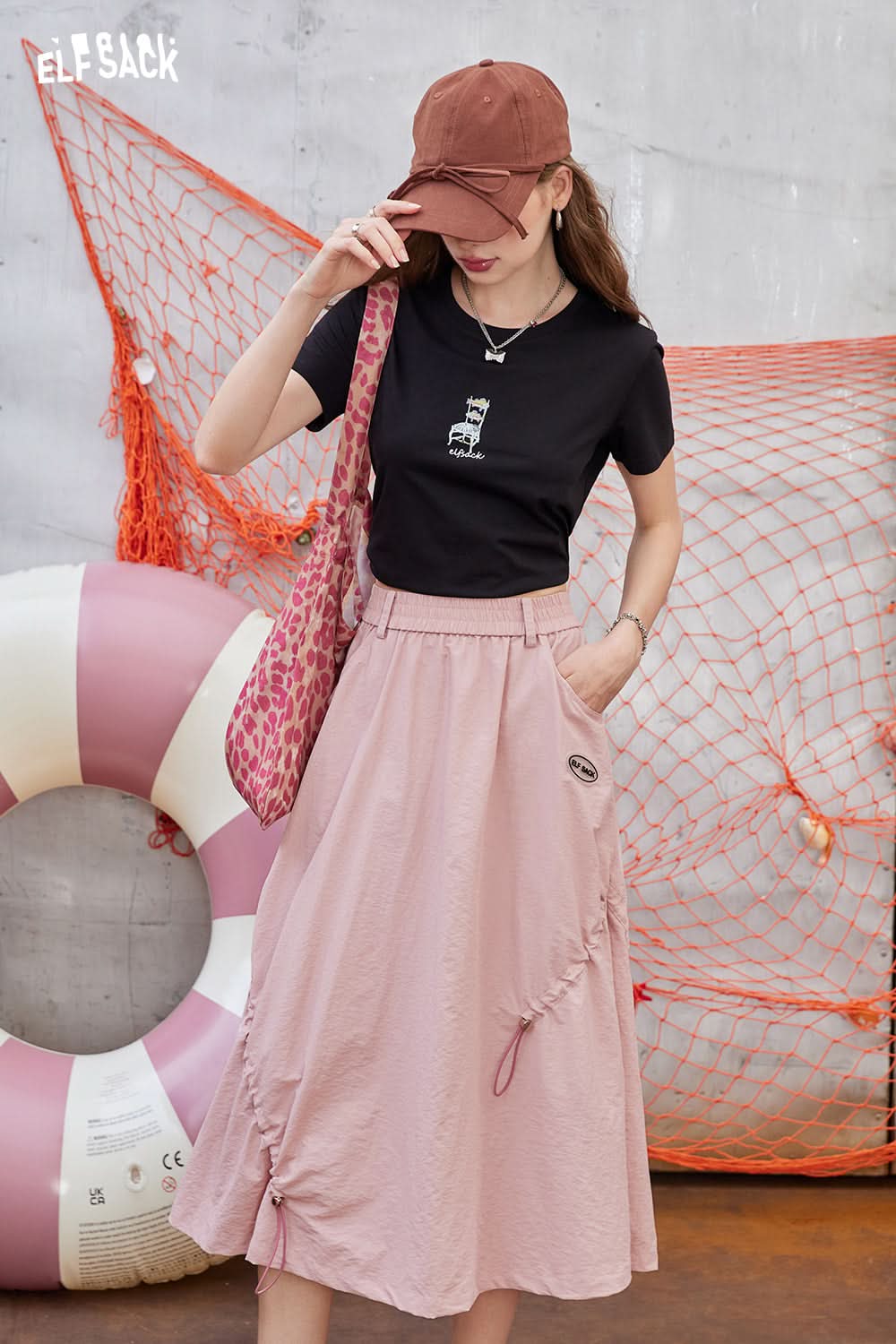 ELFSACK High waisted A-line skirt with irregular drawstring design, long skirt