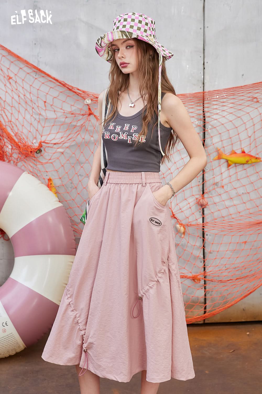 ELFSACK High waisted A-line skirt with irregular drawstring design, long skirt