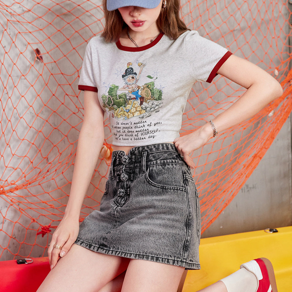 
                  
                    ELFSACK 2024 Summer New Arrivals High waisted A-line gray midi skirt with women's buckle design denim short skirt
                  
                