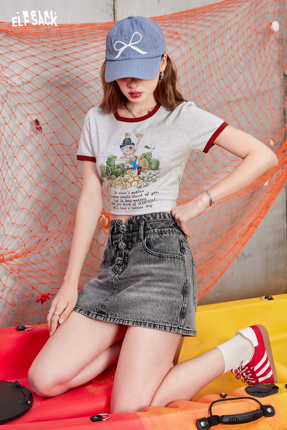 ELFSACK High waisted A-line gray midi skirt with women's buckle design denim short skirt
