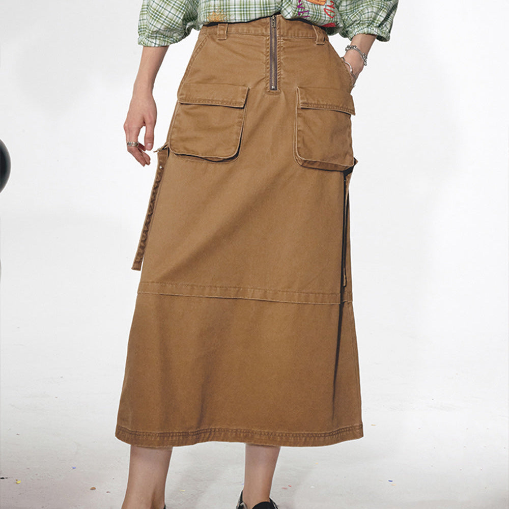 
                  
                    ELFSACK 2024 Summer New Arrivals Washed denim workwear skirt, women's large pocket, pure cotton long skirt
                  
                