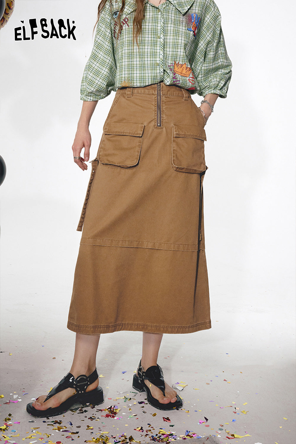 ELFSACK Washed denim workwear skirt, women's large pocket, pure cotton long skirt