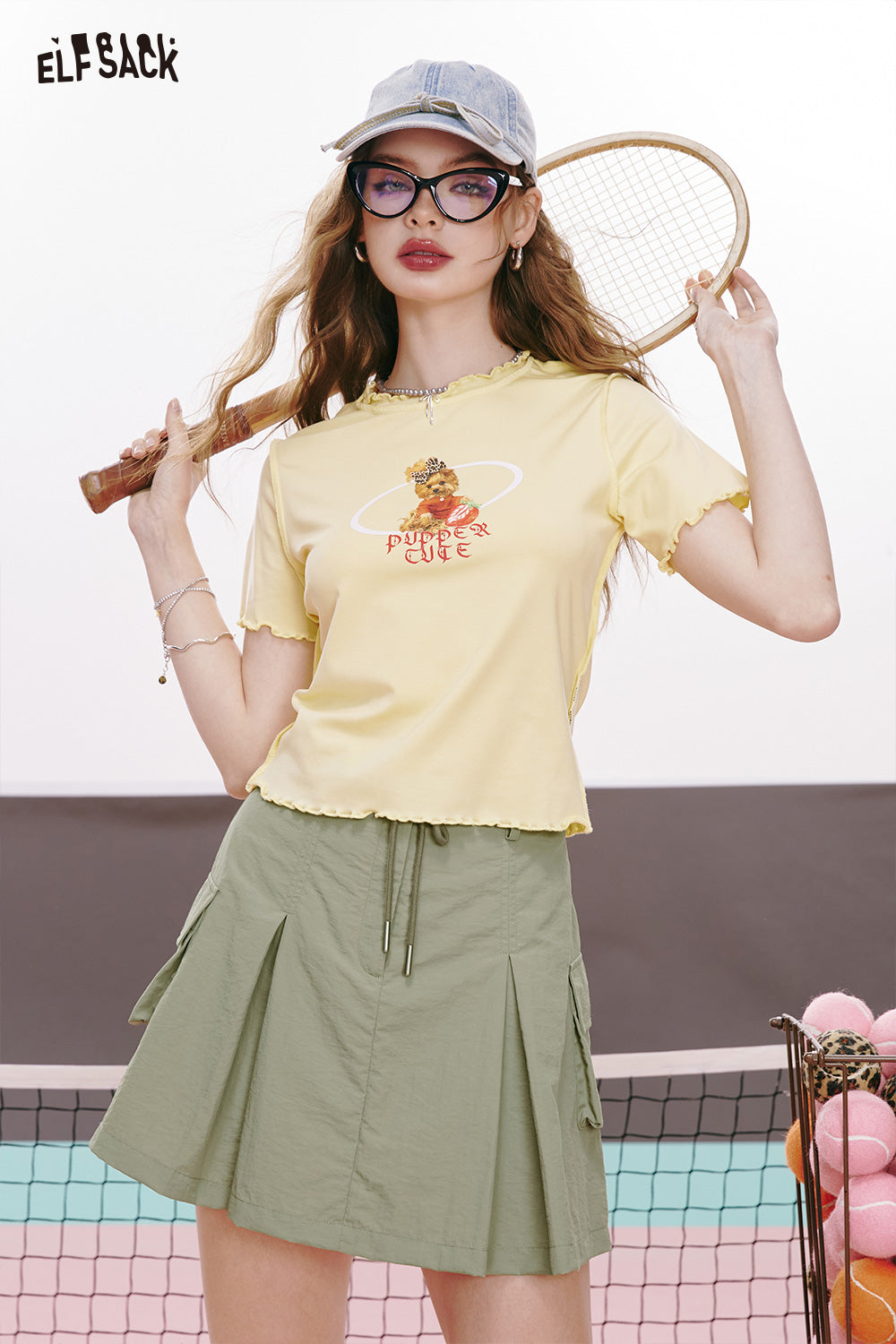ELFSACK Green free style A-line workwear skirt pleated slimming hip-covering sports skirt