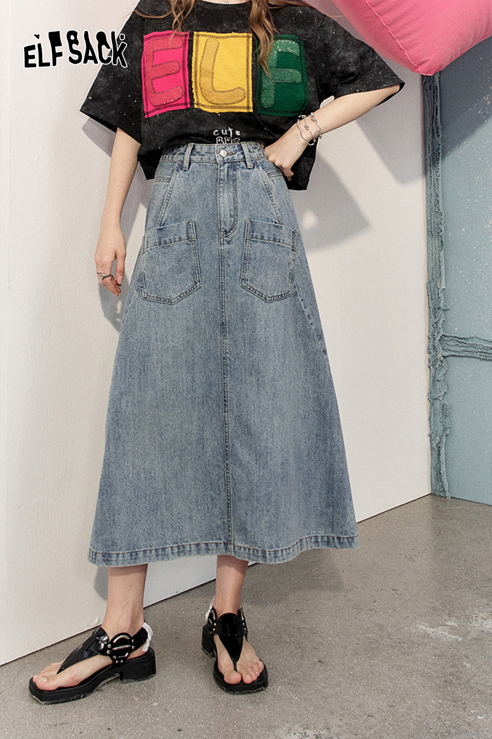 ELFSACK Retro denim skirt, women's casual versatile high waisted short skirt