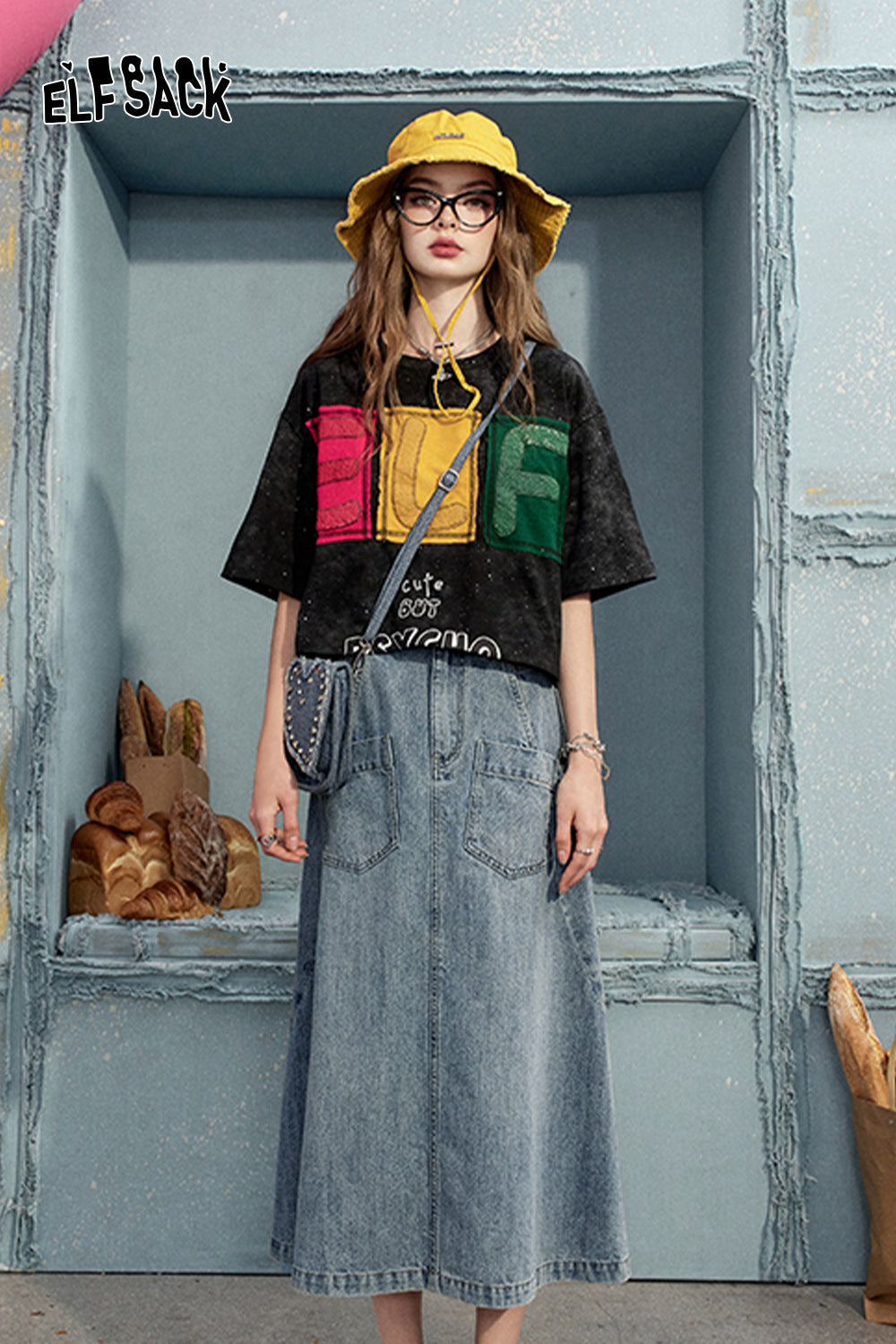 ELFSACK Retro denim skirt, women's casual versatile high waisted short skirt