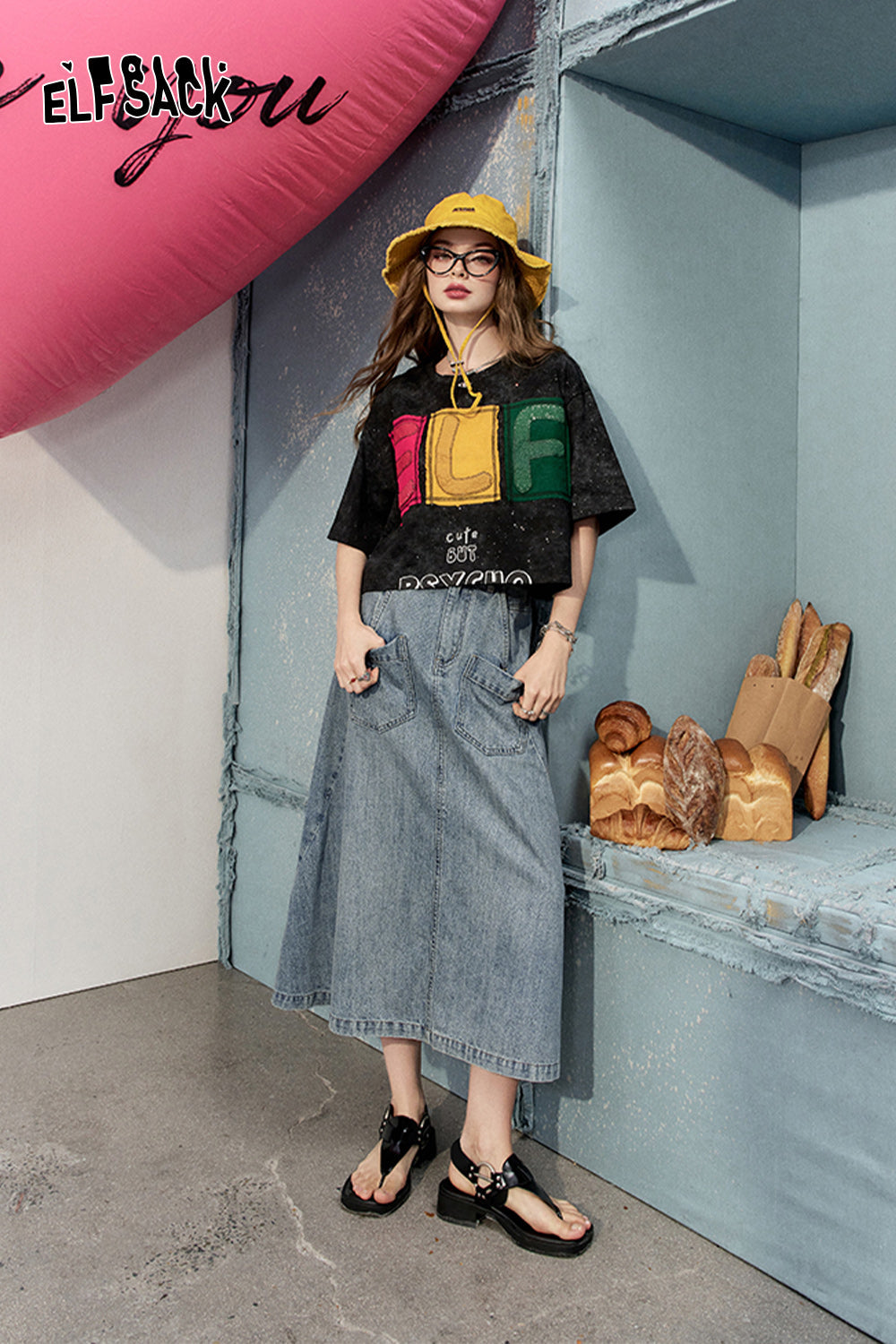 ELFSACK Retro denim skirt, women's casual versatile high waisted short skirt
