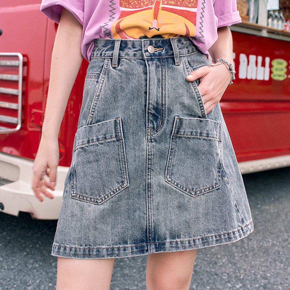 ELFSACK 2024 Summer New Arrivals Retro denim skirt, women's casual versatile high waisted short skirt