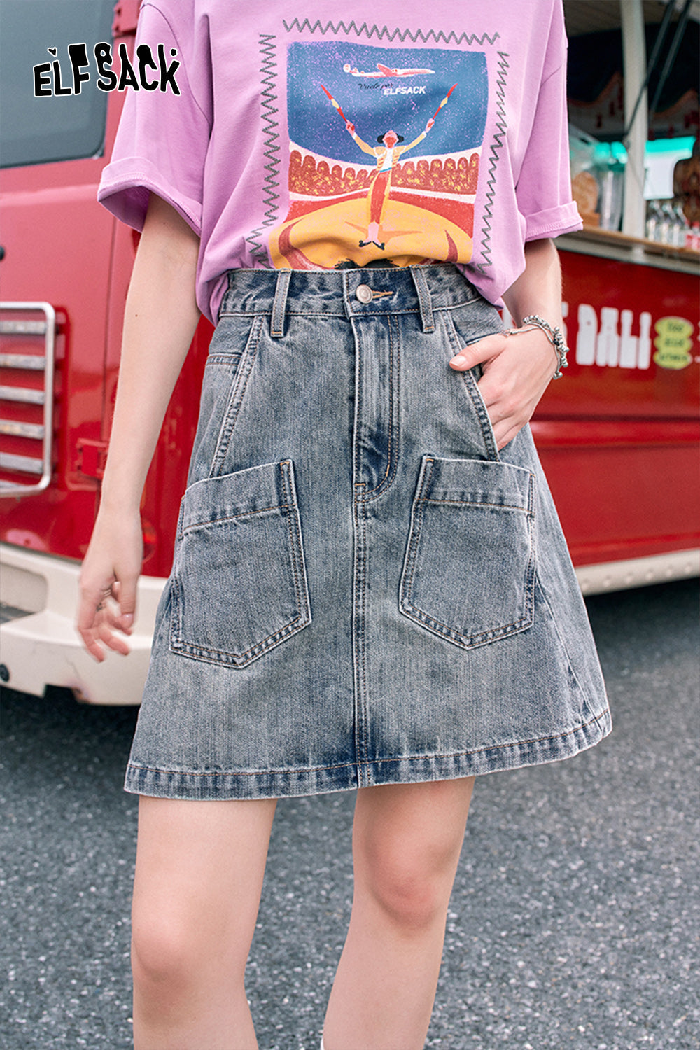 ELFSACK Retro denim skirt, women's casual versatile high waisted short skirt