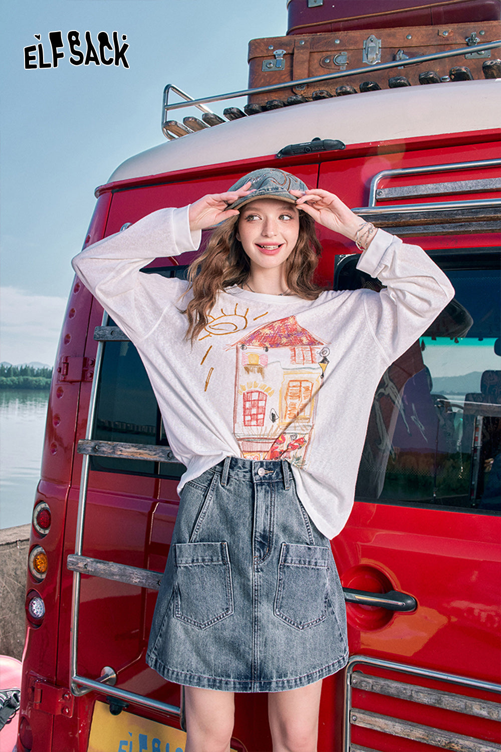 ELFSACK Retro denim skirt, women's casual versatile high waisted short skirt