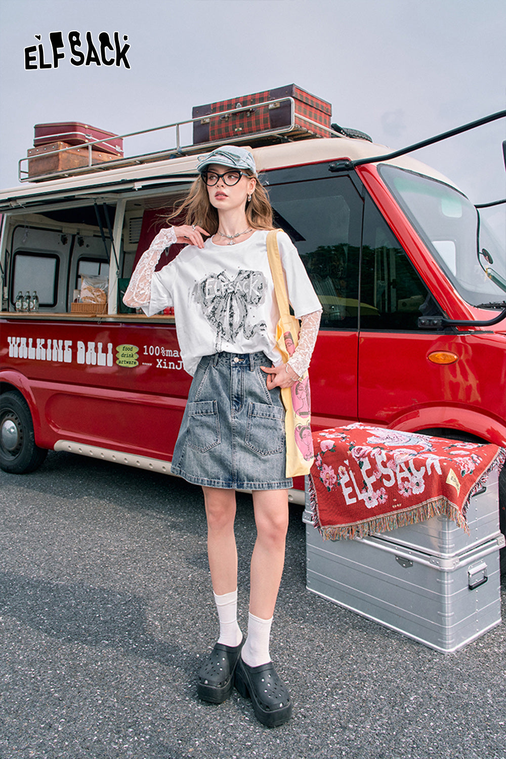 ELFSACK Retro denim skirt, women's casual versatile high waisted short skirt
