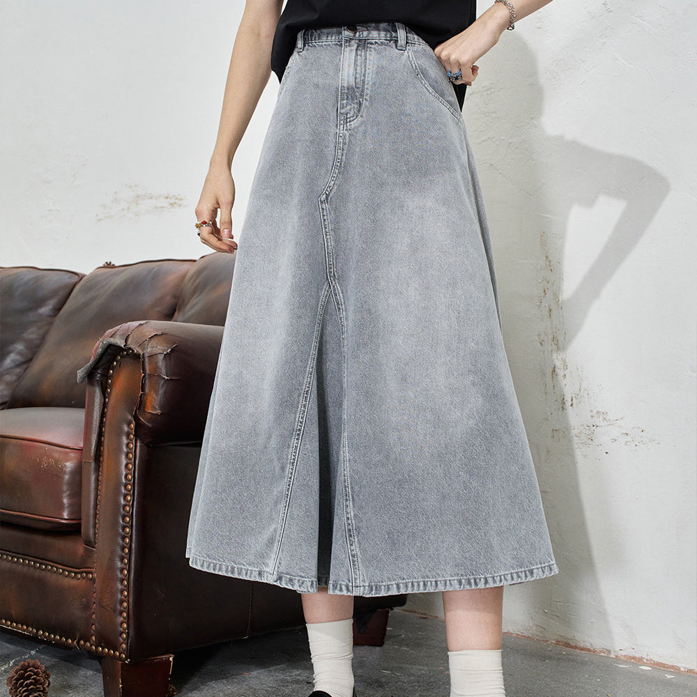 ELFSACK 2024 Summer New Arrivals Light colored high waisted A-line denim skirt for women, irregular large skirt, long skirt