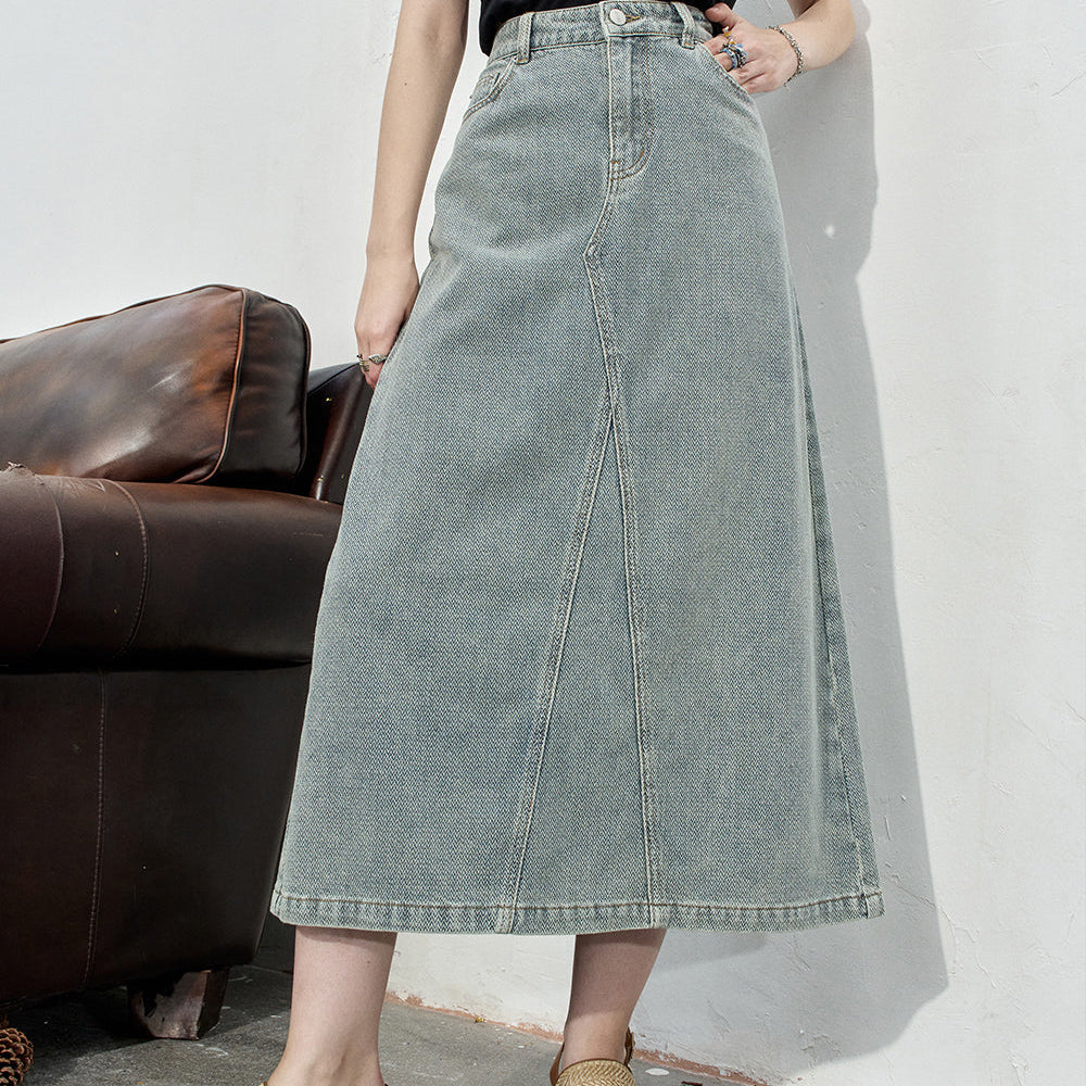 ELFSACK 2024 Summer New Arrivals High waisted denim midi skirt for women's casual mid length skirt