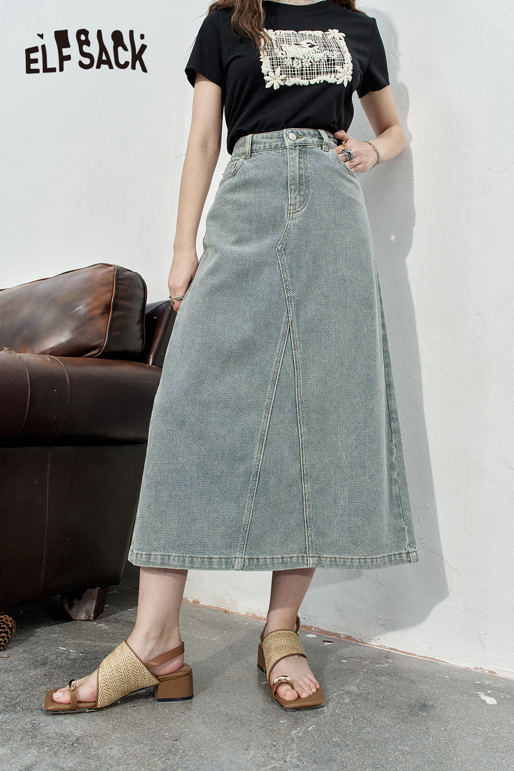 ELFSACK High waisted denim midi skirt's casual mid length skirt