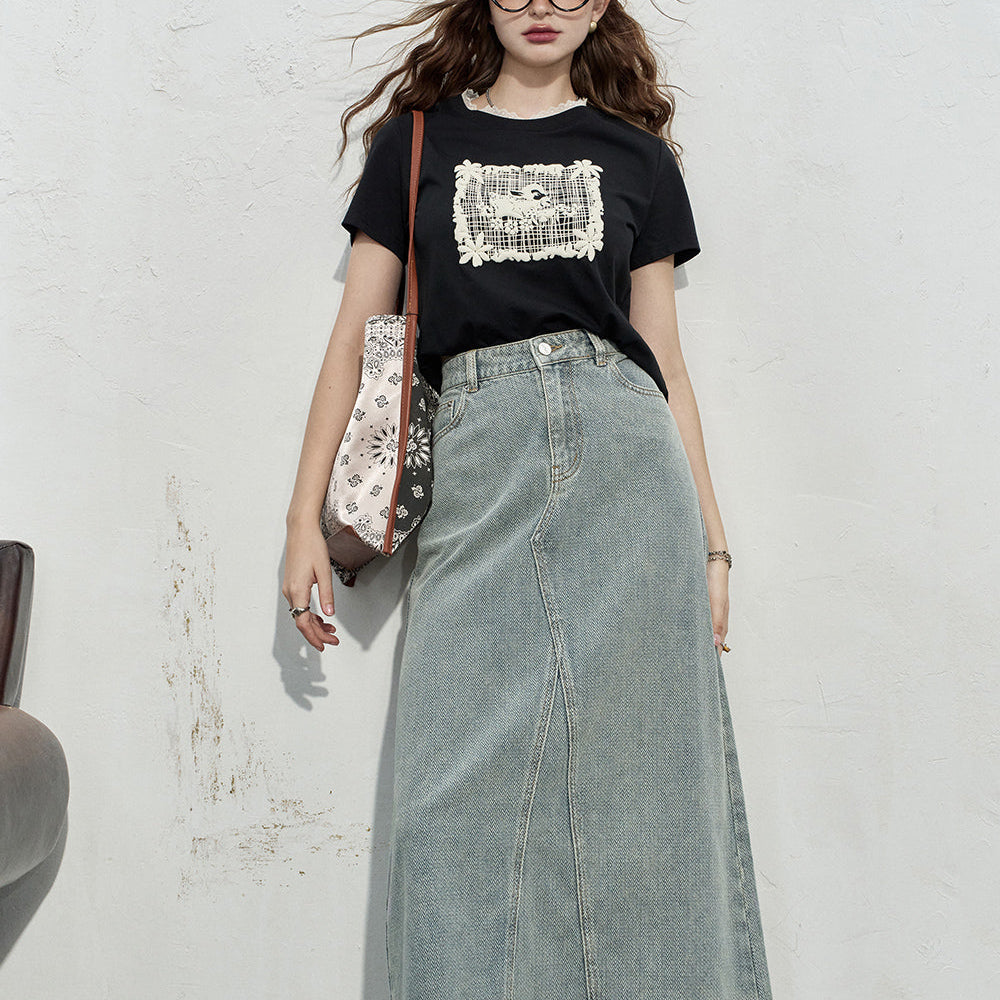 ELFSACK 2024 Summer New Arrivals High waisted denim midi skirt for women's casual mid length skirt