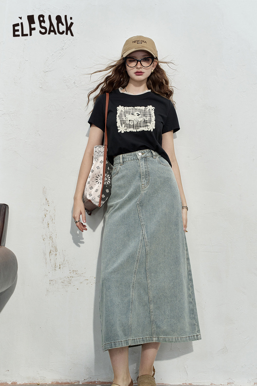 ELFSACK High waisted denim midi skirt's casual mid length skirt