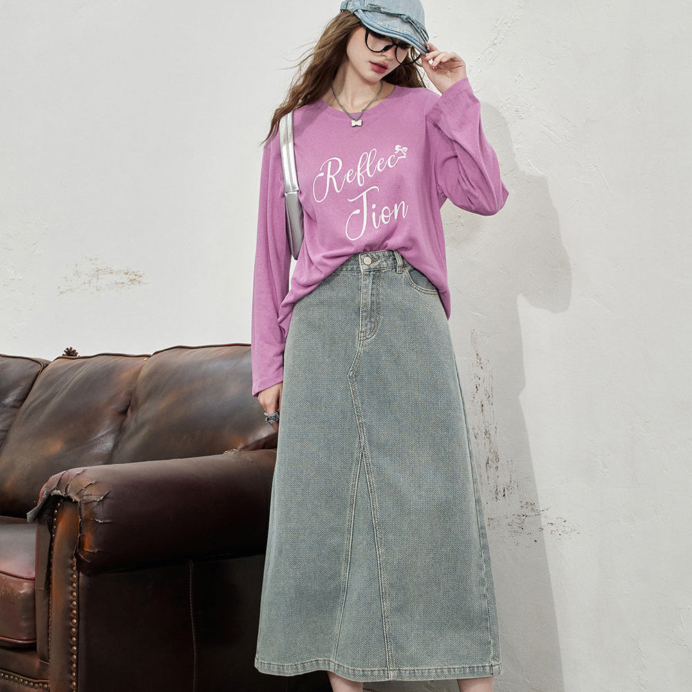 
                  
                    ELFSACK 2024 Summer New Arrivals High waisted denim midi skirt for women's casual mid length skirt
                  
                