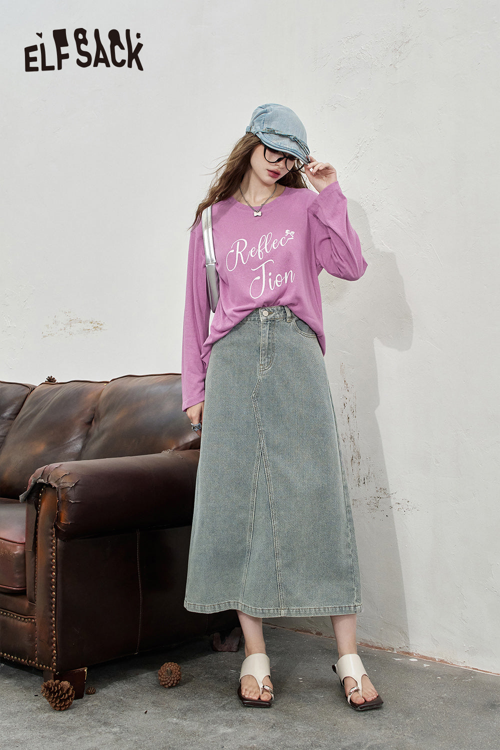 ELFSACK High waisted denim midi skirt's casual mid length skirt