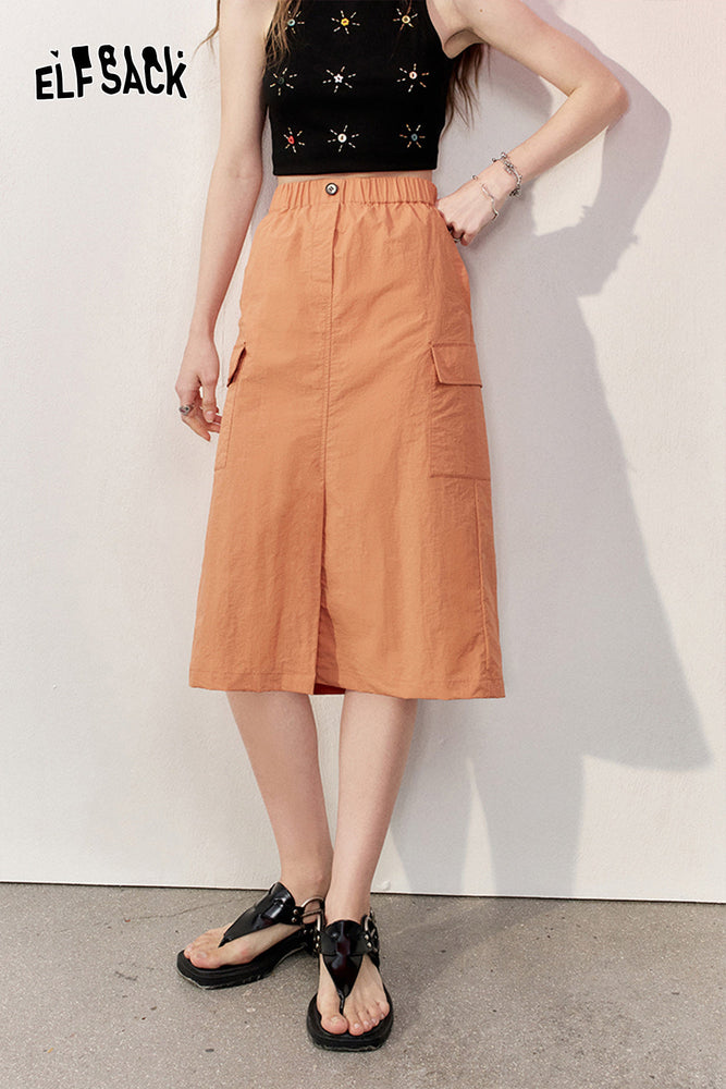 
                  
                    ELFSACK 2024 Summer New Arrivals High waisted A-line skirt for women front slit design workwear mid length skirt
                  
                