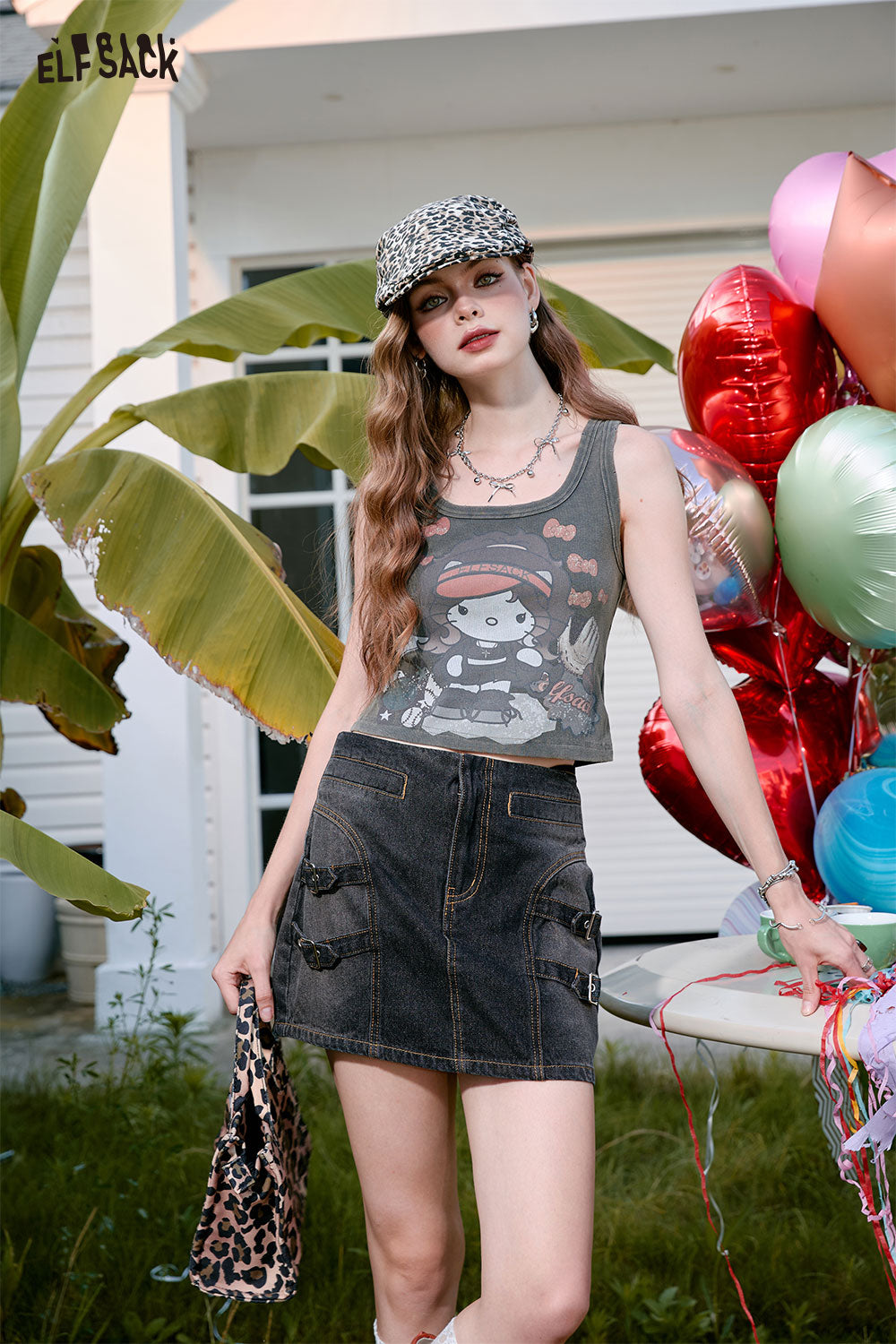 ELFSACK High waisted A-line denim skirt, versatile short skirt with a strong sense of design