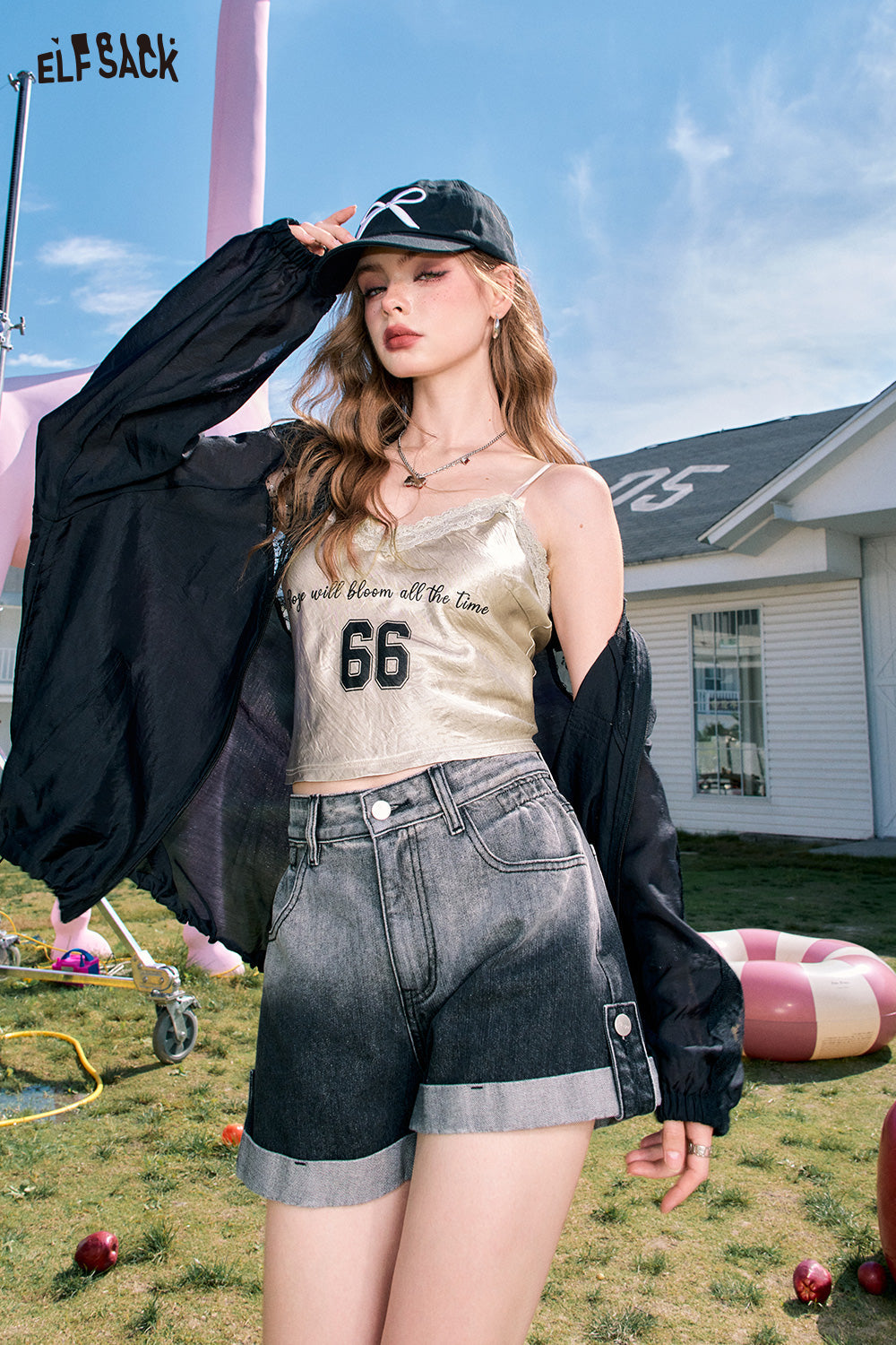 ELFSACK Acetate lace stitching letter printing v-neck sexy all-match vest suspenders
