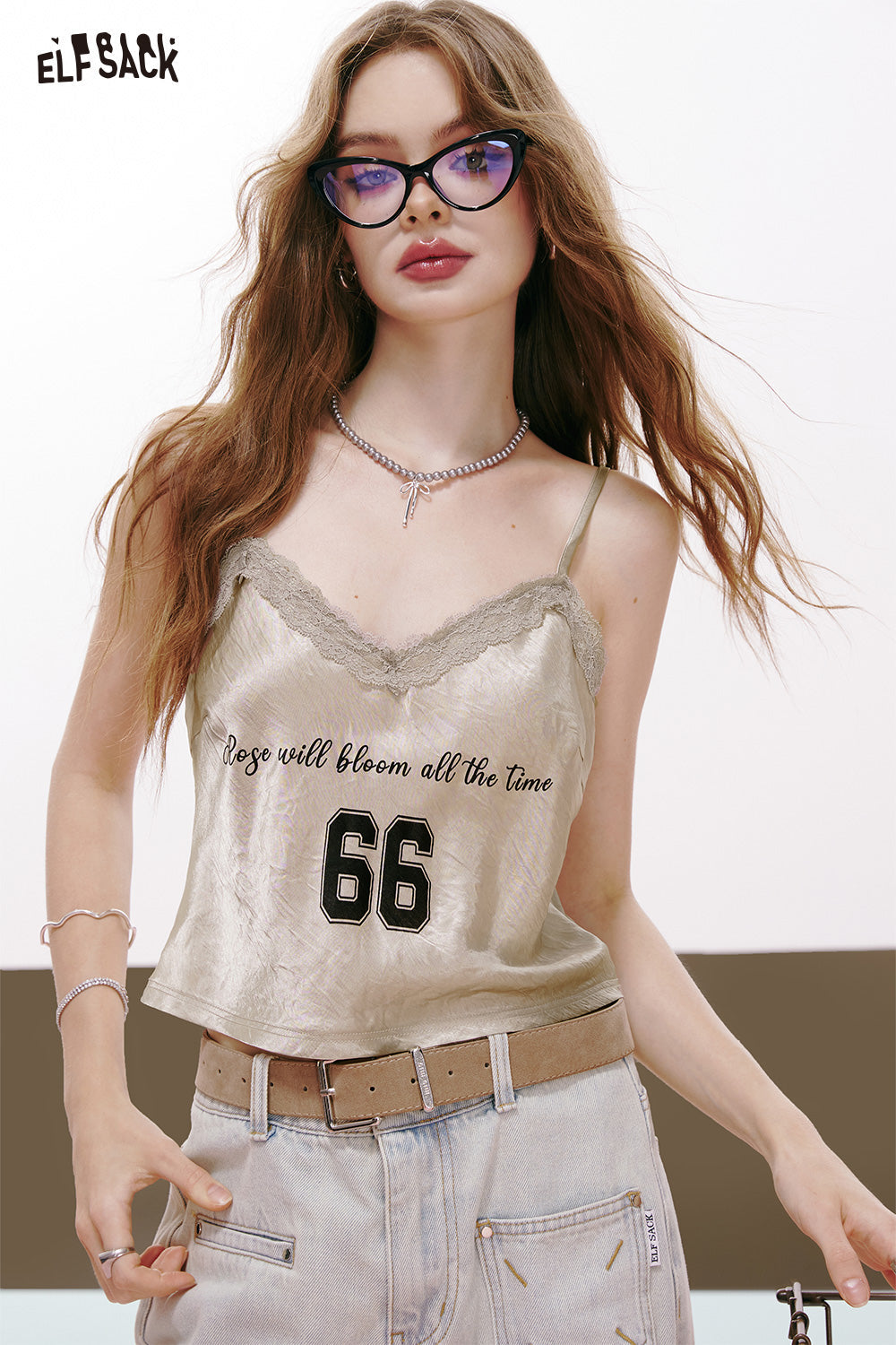 ELFSACK Acetate lace stitching letter printing v-neck sexy all-match vest suspenders