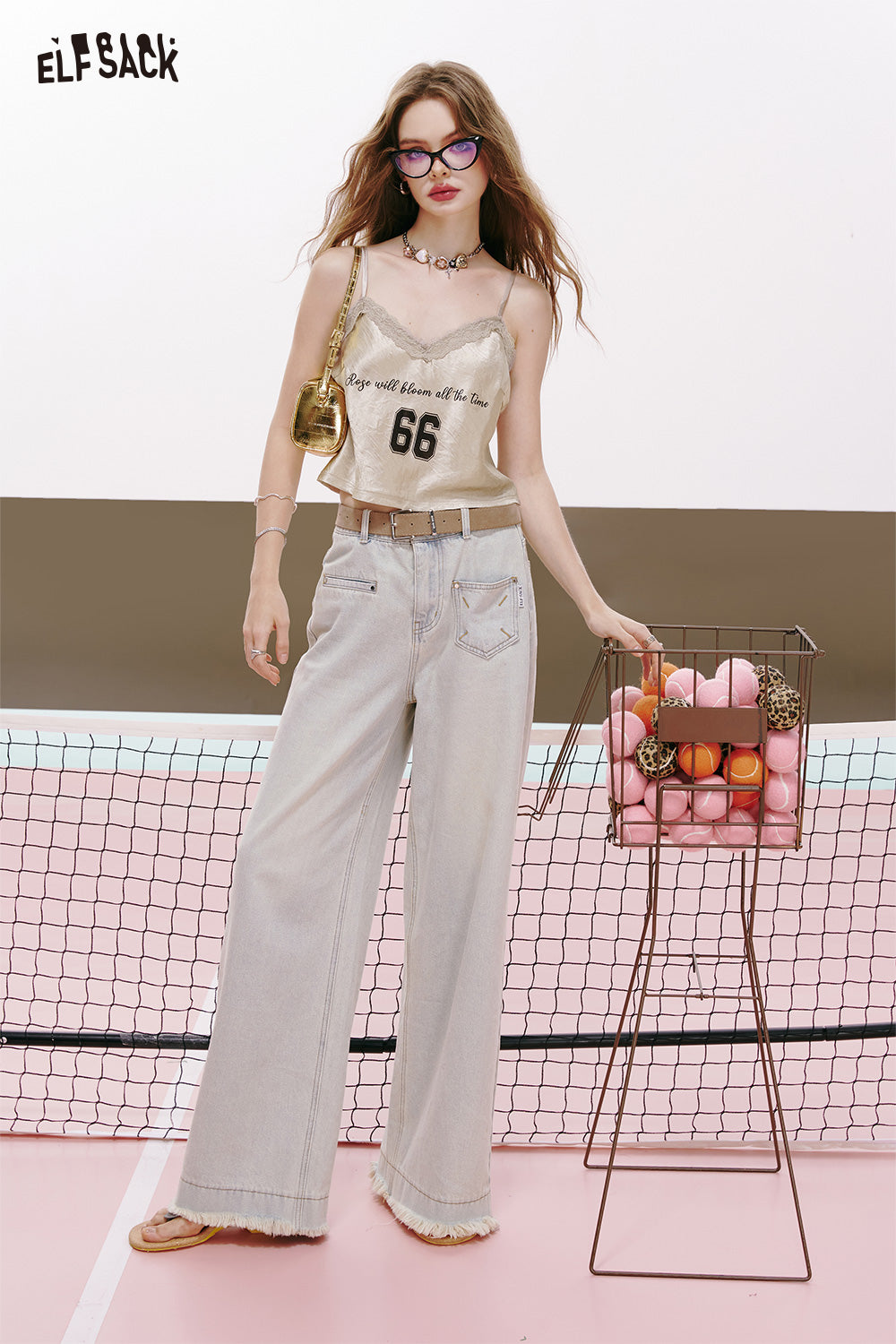 ELFSACK Acetate lace stitching letter printing v-neck sexy all-match vest suspenders