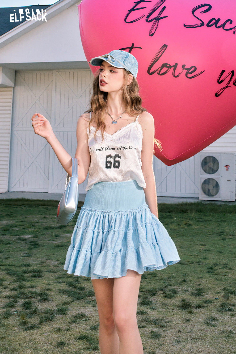 ELFSACK Acetate lace stitching letter printing v-neck sexy all-match vest suspenders