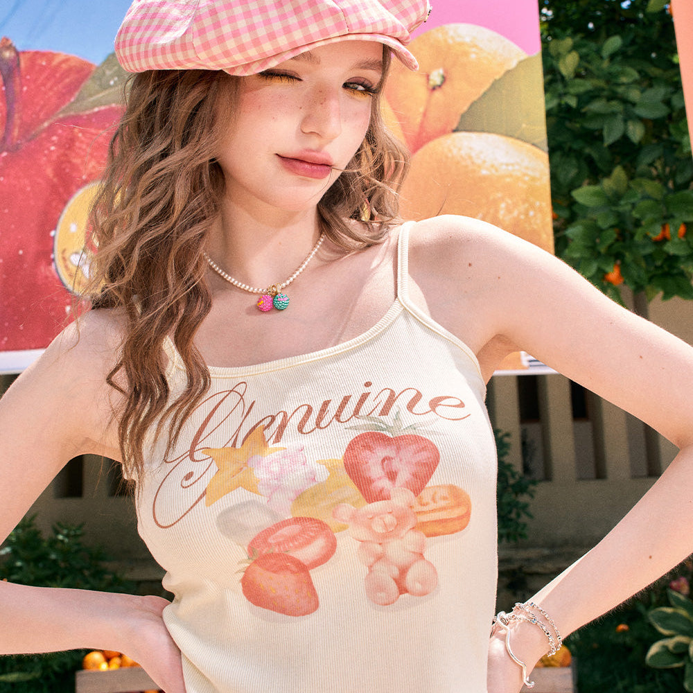 
                  
                    ELFSACK 2024 summer new arrival Fruit cartoon print sweet and spicy slim fit white vest camisole for women
                  
                