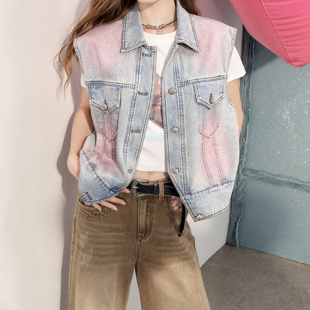 ELFSACK 2024 Summer New Arrivals Pink dyed denim vest women Sleeveless short camisole layered top