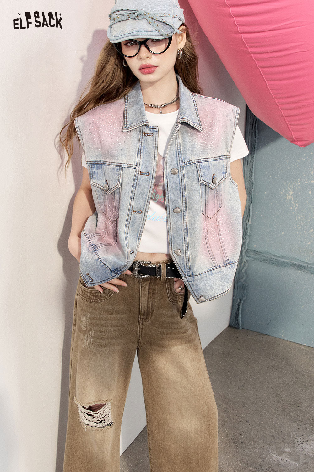 ELFSACK 2024 Summer New Arrivals Pink dyed denim vest women Sleeveless short camisole layered top