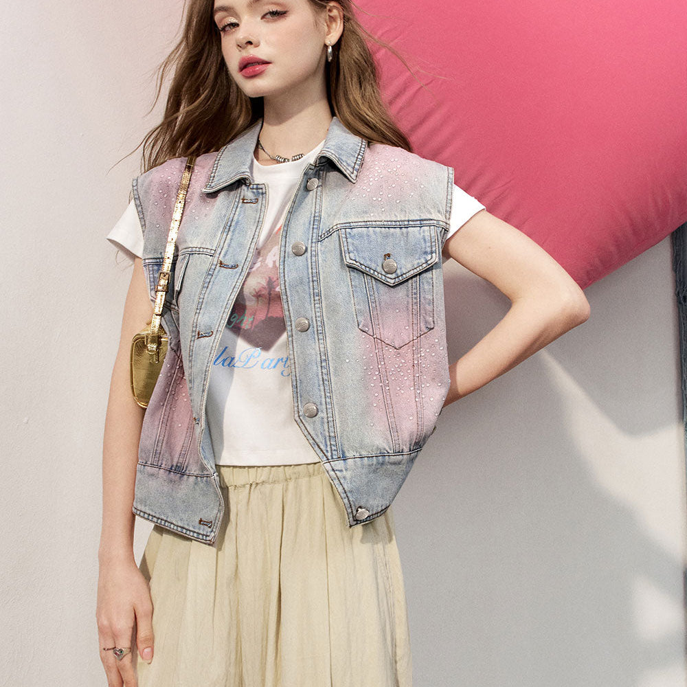 ELFSACK 2024 Summer New Arrivals Pink dyed denim vest women Sleeveless short camisole layered top