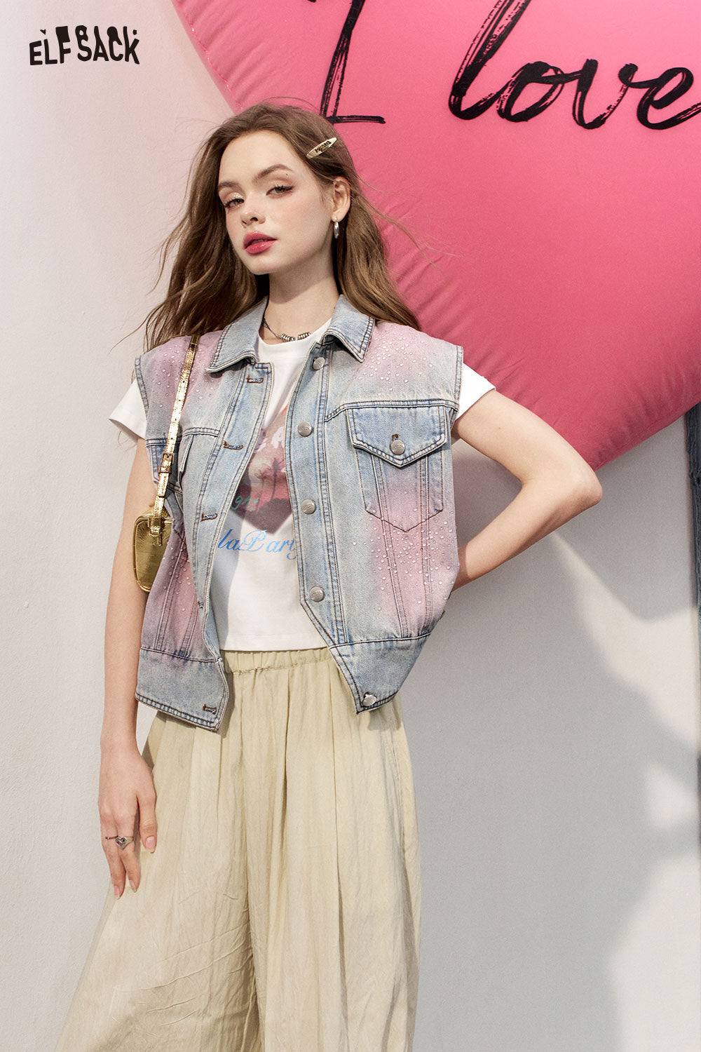 ELFSACK 2024 Summer New Arrivals Pink dyed denim vest women Sleeveless short camisole layered top