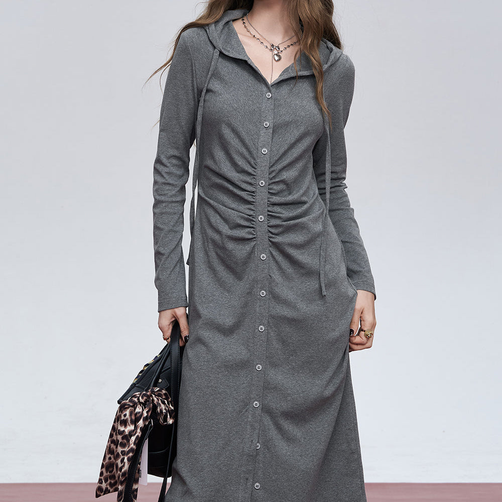 
                  
                    ELFSACK 2024 Autumn New Arrivals Grey slim waist button temperament hooded knitted long-sleeved dress for women
                  
                