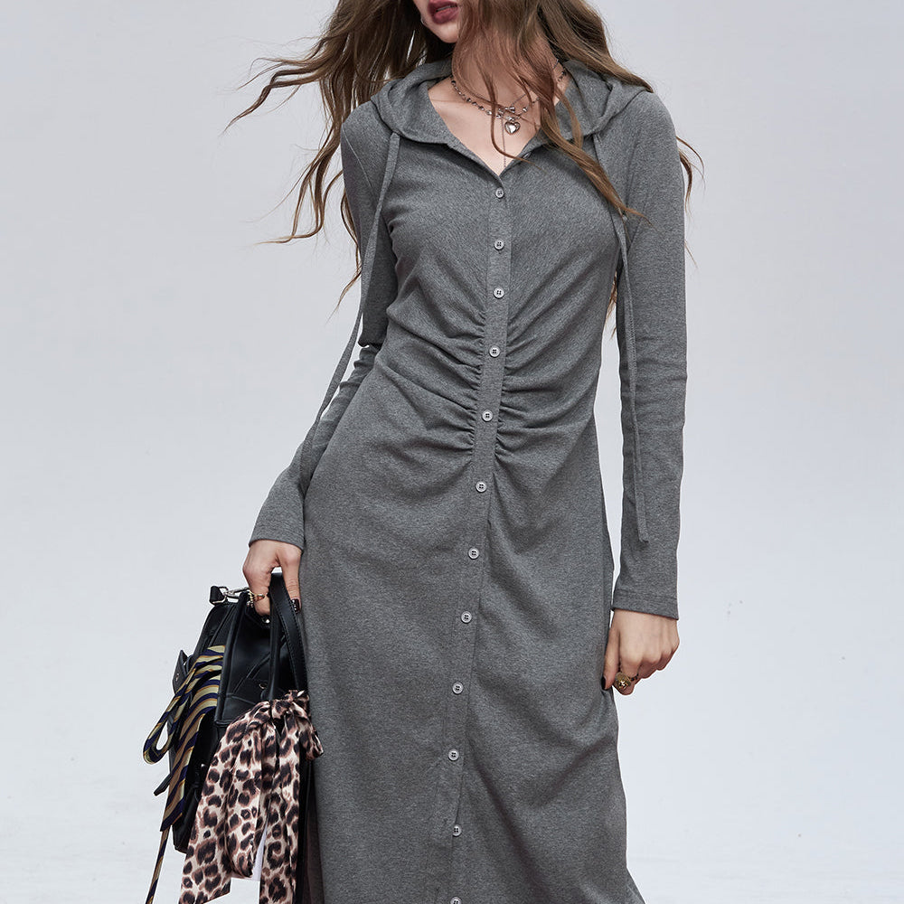 
                  
                    ELFSACK 2024 Autumn New Arrivals Grey slim waist button temperament hooded knitted long-sleeved dress for women
                  
                