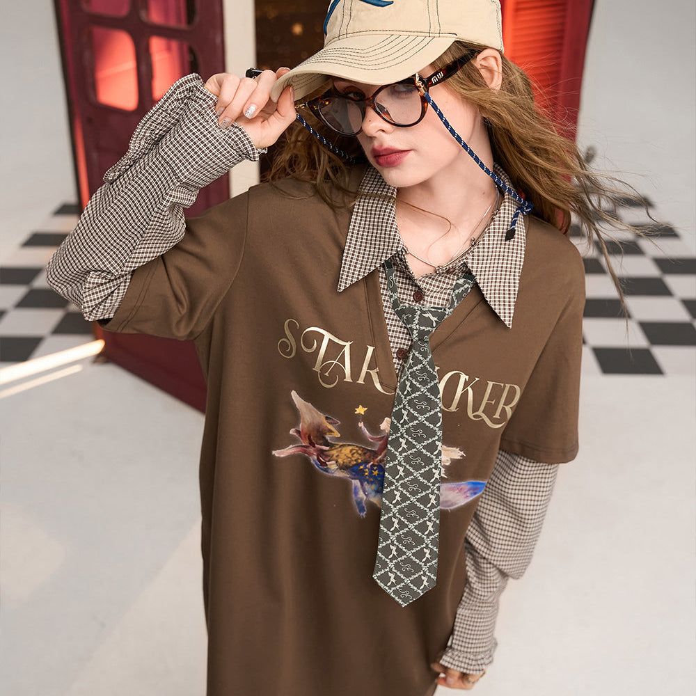 
                  
                    ELFSACK 2024 Autumn New Arrive College Khaki Fake Two-piece Plaid Splicing Printed Design Sweater Dress for Women
                  
                