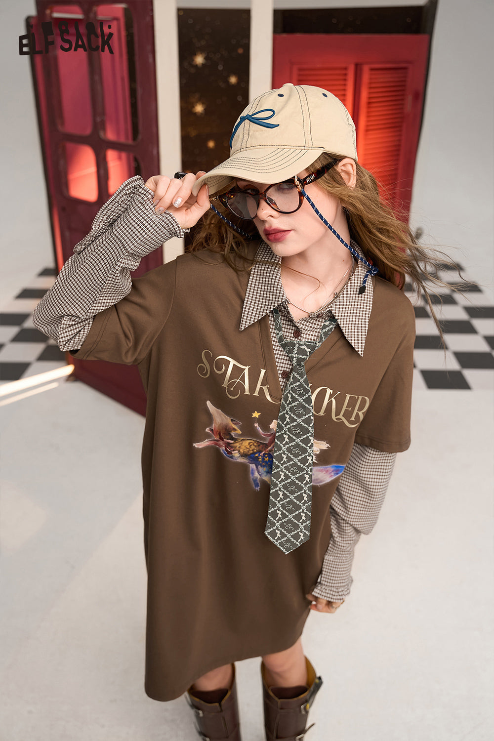 ELFSACK College Khaki Fake Two-piece Plaid Splicing Printed Design Sweater Dress