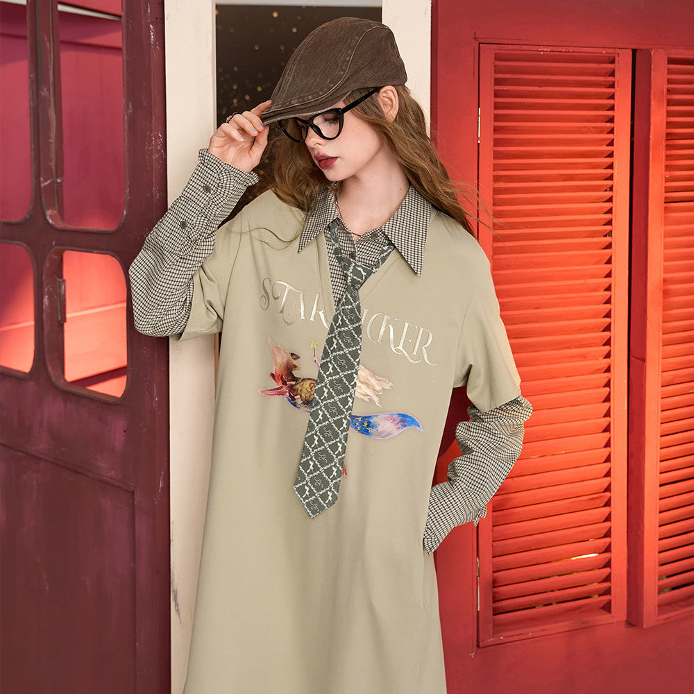 
                  
                    ELFSACK 2024 Autumn New Arrive College Khaki Fake Two-piece Plaid Splicing Printed Design Sweater Dress for Women
                  
                