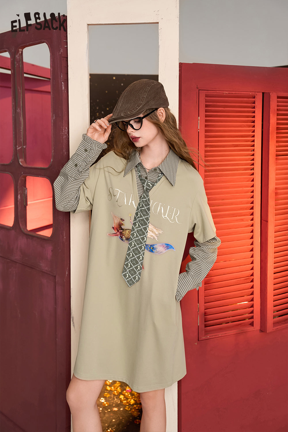 ELFSACK College Khaki Fake Two-piece Plaid Splicing Printed Design Sweater Dress