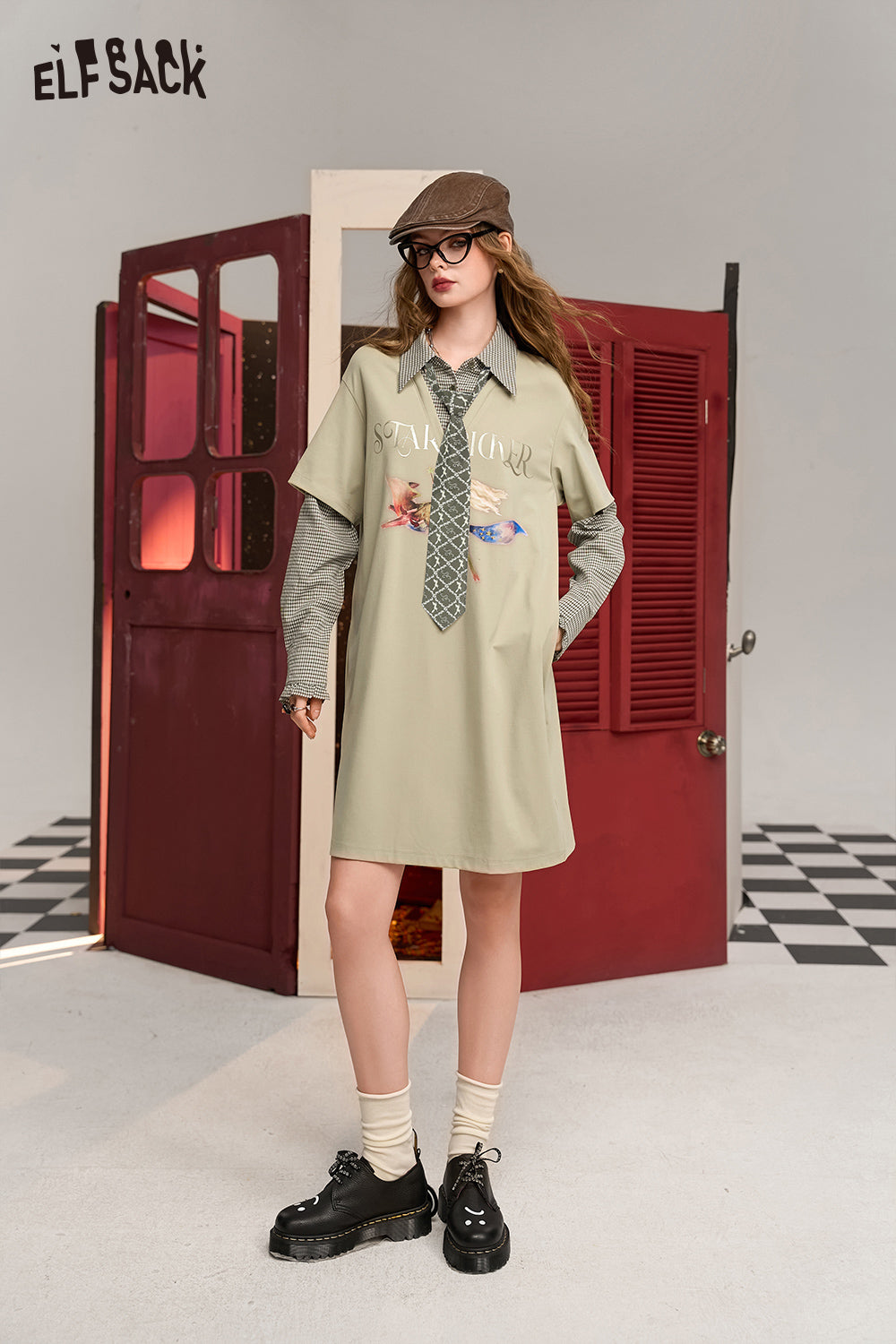 ELFSACK College Khaki Fake Two-piece Plaid Splicing Printed Design Sweater Dress