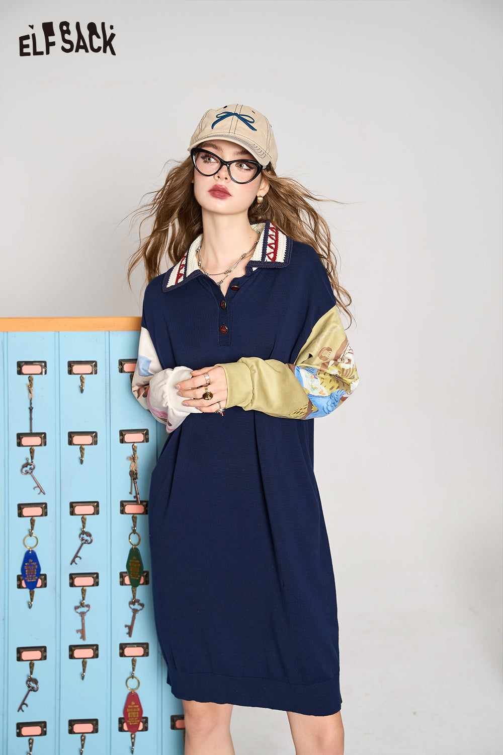 ELFSACK Navy blue college style H-shaped printed patchwork petite slim dress