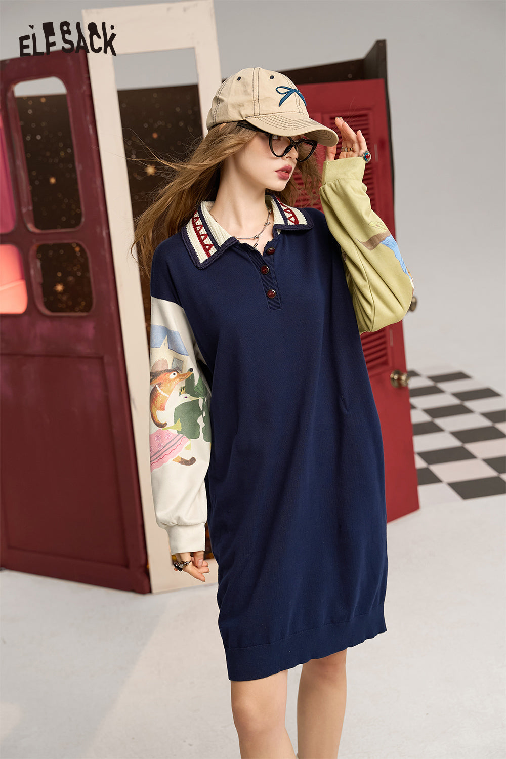 ELFSACK Navy blue college style H-shaped printed patchwork petite slim dress