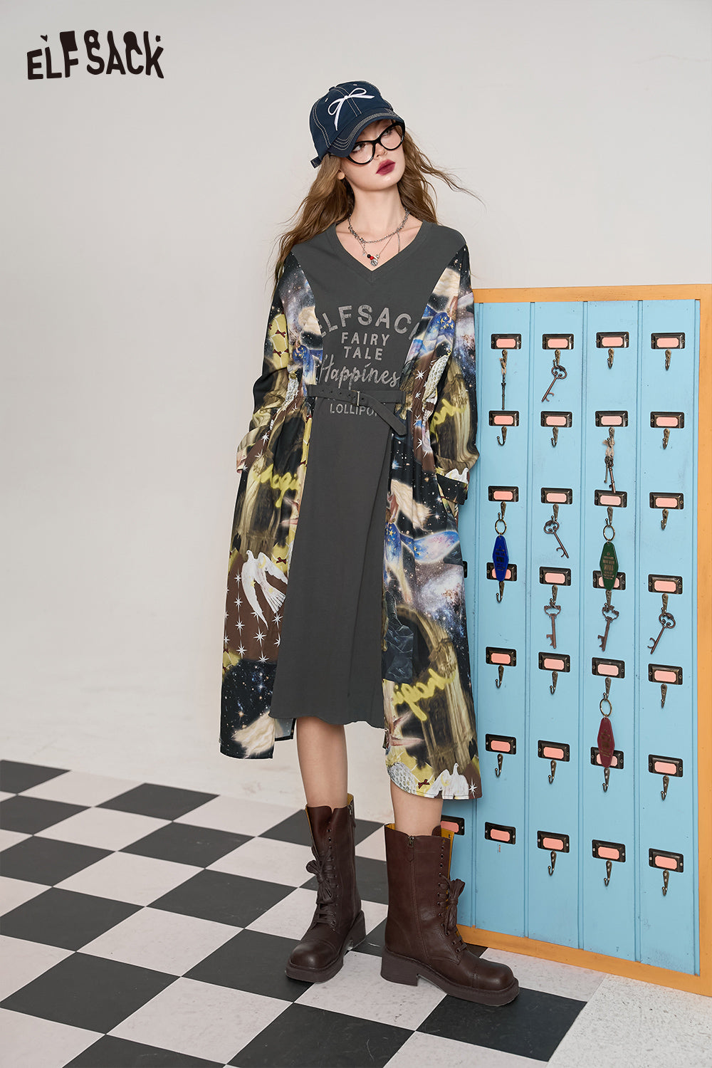 ELFSACK Grey letter print stitching V-neck waist design slim long sleeve dress