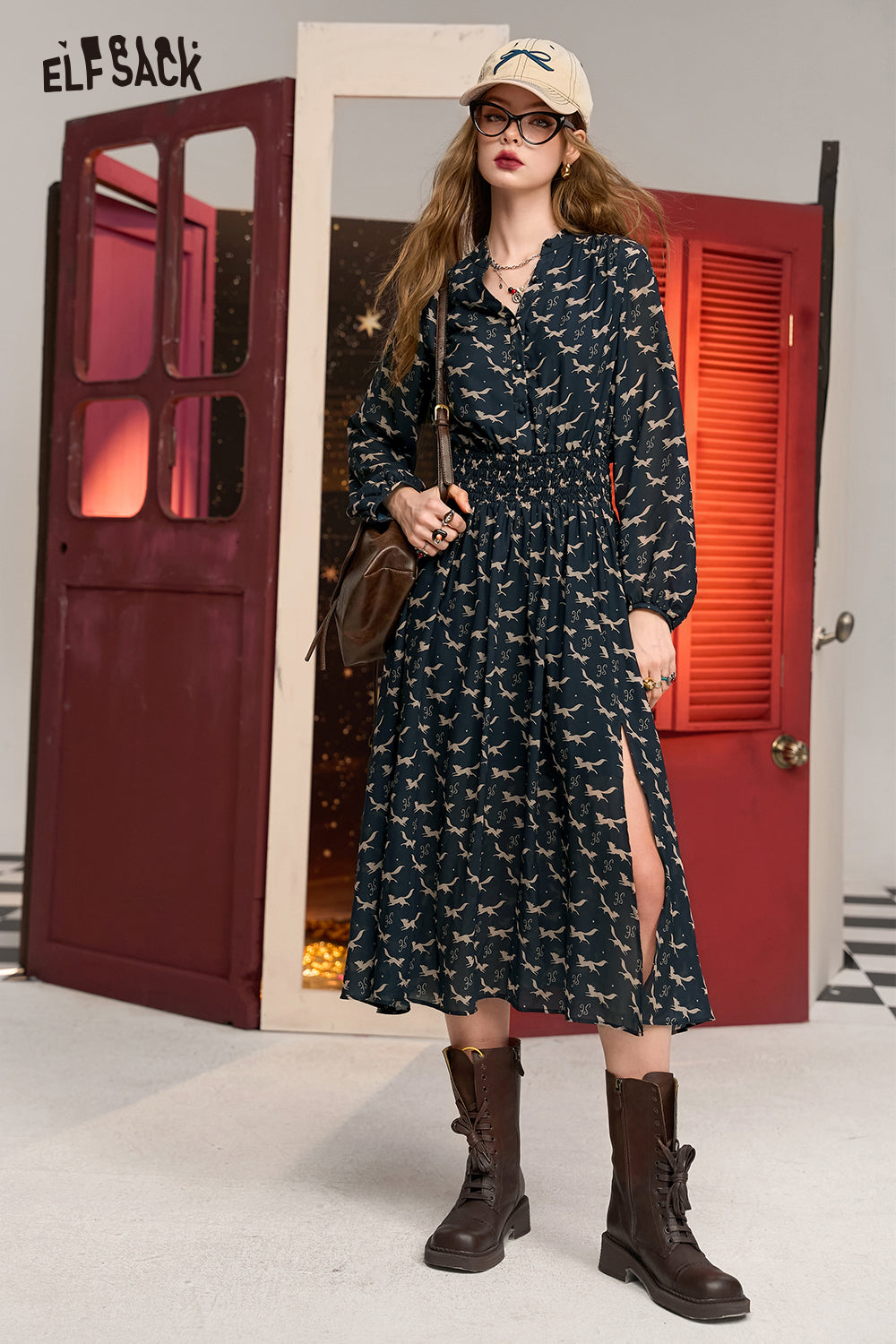 ELFSACK Navy blue retro full print v-neck temperament waist slimming long sleeve dress