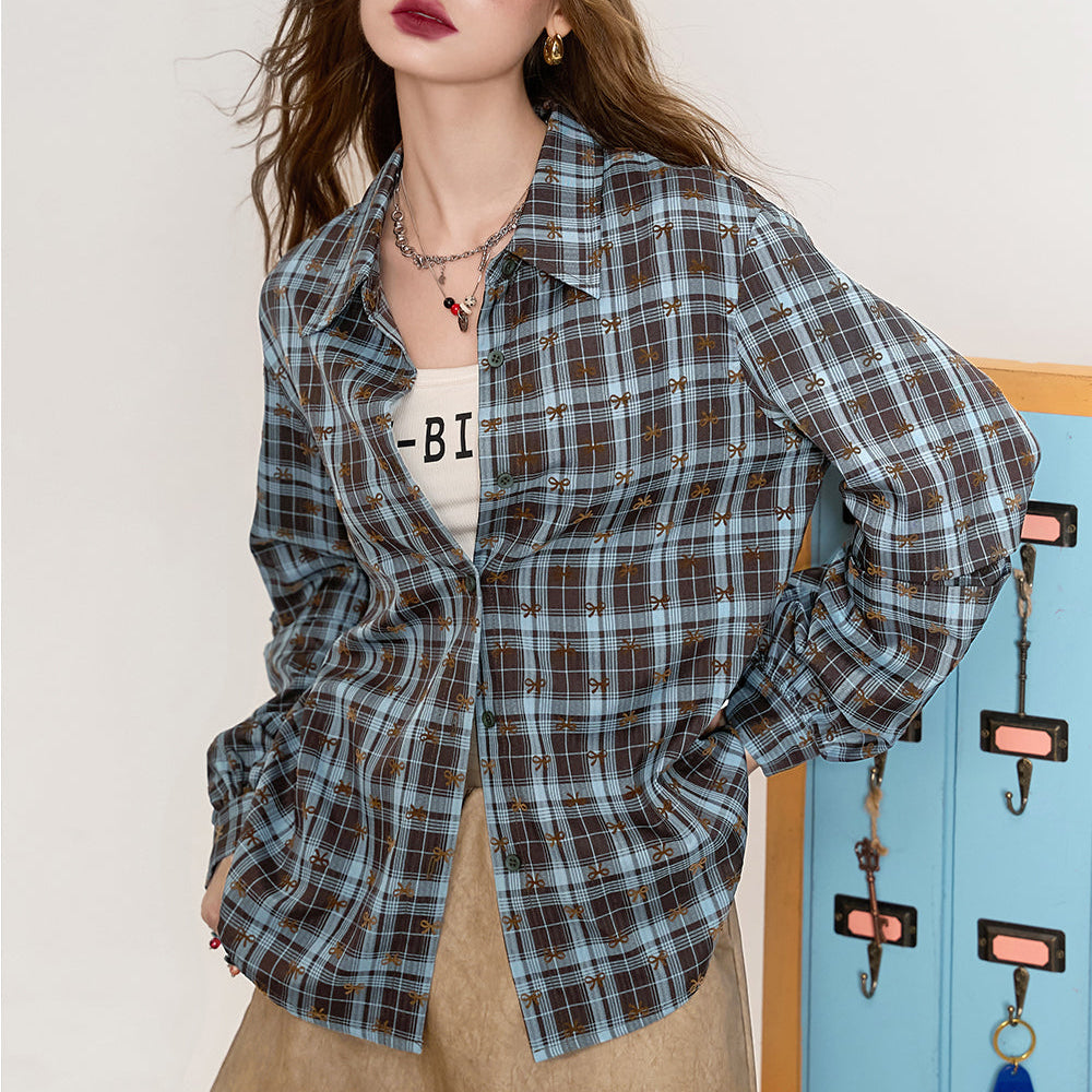 ELFSACK 2024 Autumn New Arrive Blue lapel sweet bow loose casual American plaid shirt jacket for women