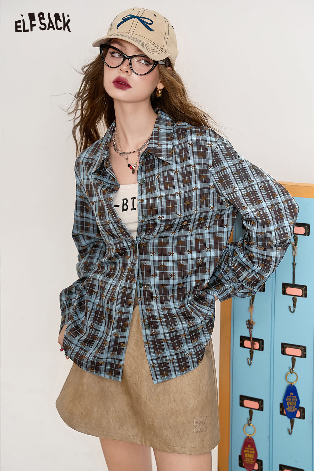 ELFSACK 2024 Autumn New Arrive Blue lapel sweet bow loose casual American plaid shirt jacket for women