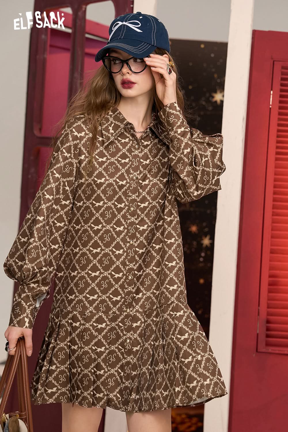 ELFSACK Palace style puff sleeves full print small size pleated shirt dress